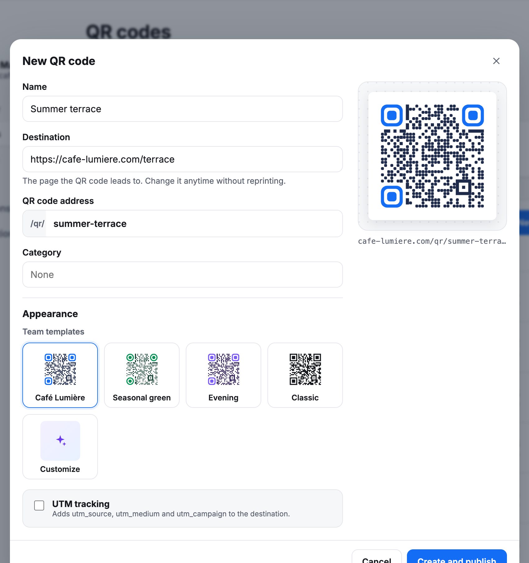 The New QR code form: name, destination, address, category and templates, with a live preview.