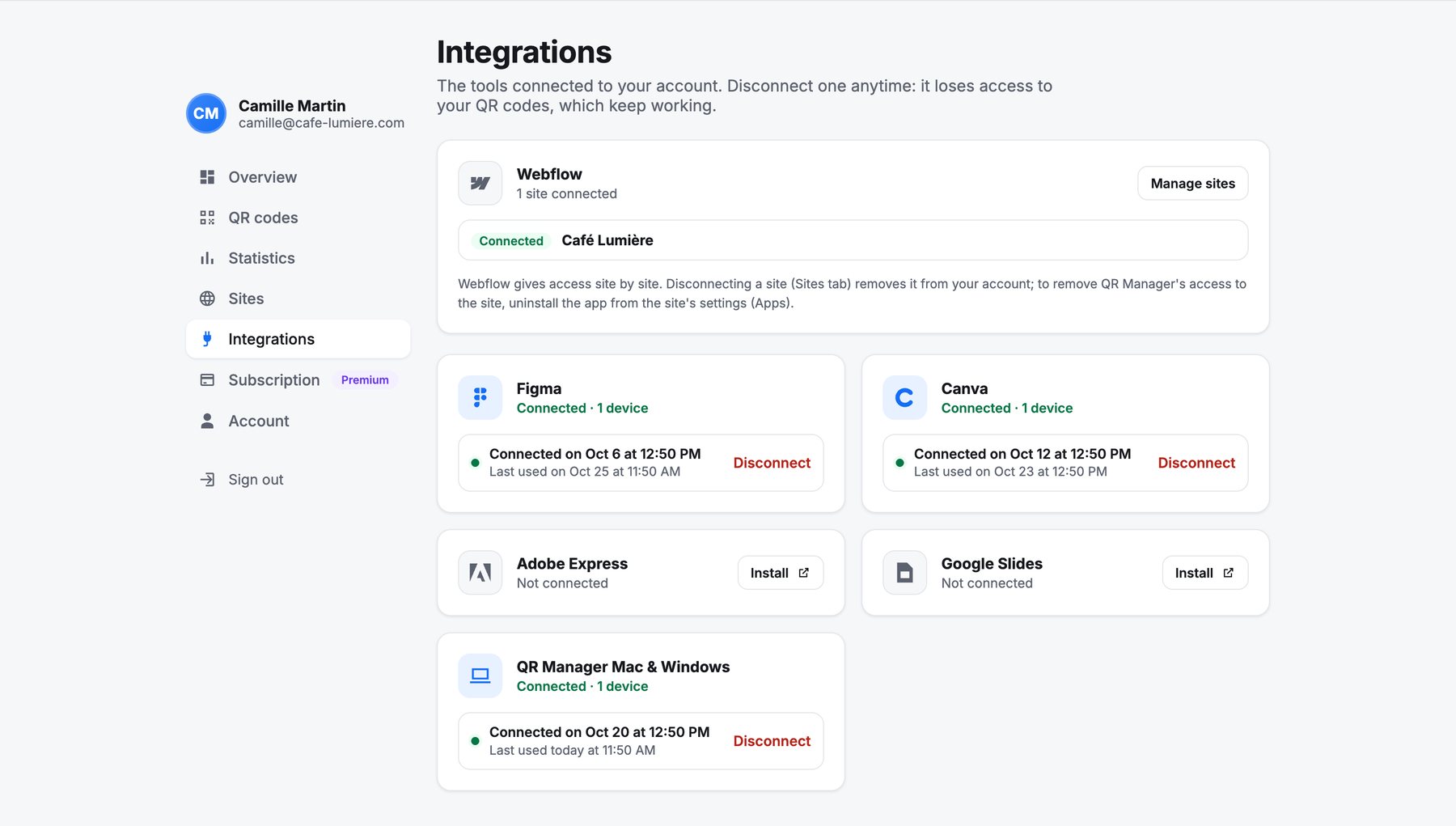 The Integrations section: Webflow sites and the connected tools, each with a Disconnect link.