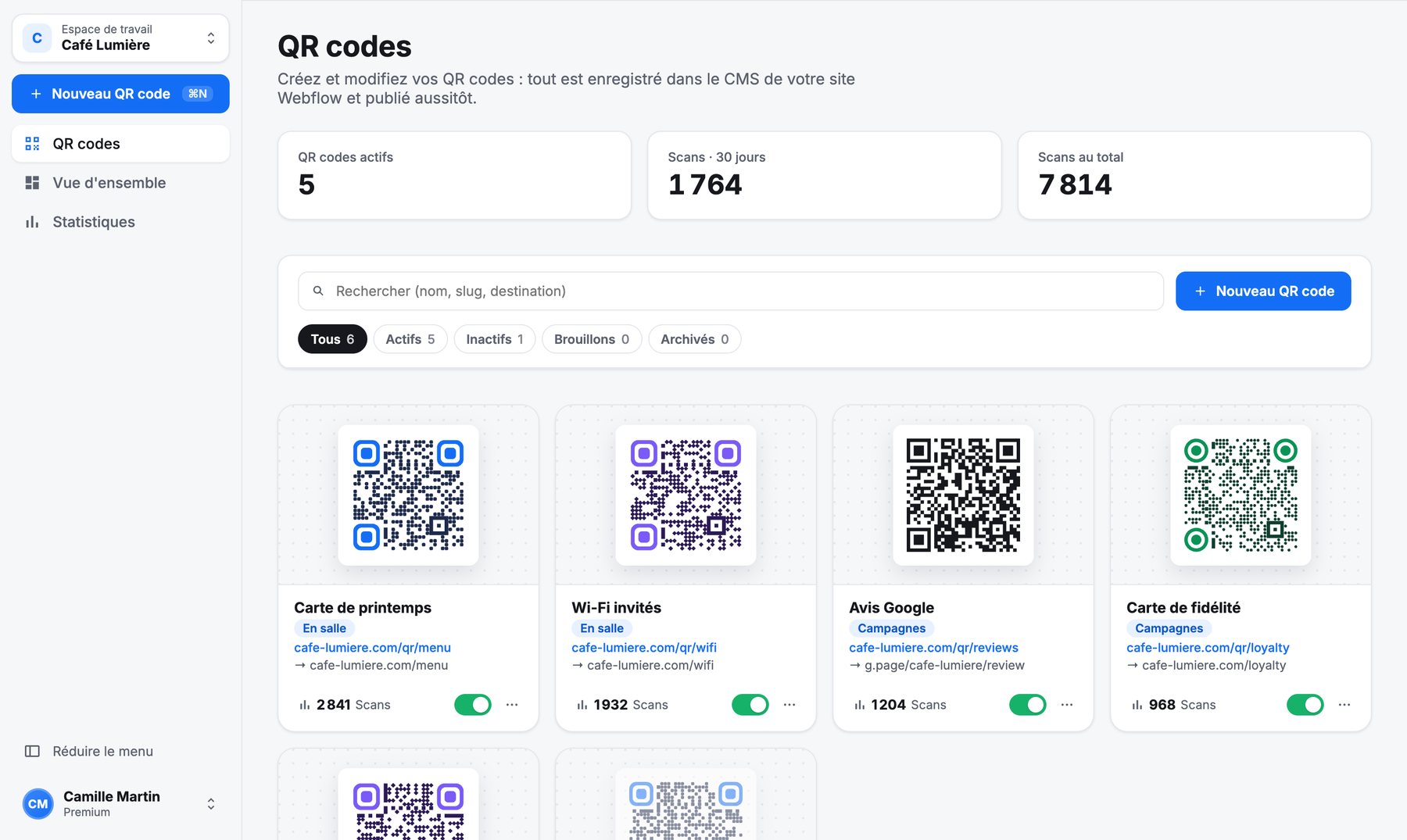 L'app QR Manager pour ordinateur : sélecteur d'espace de travail, bouton Nouveau QR code et cartes des QR codes.