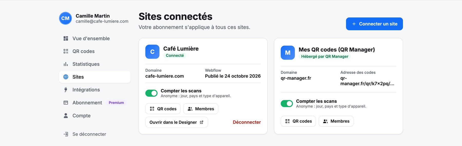 La rubrique Sites : un site Webflow connecté et l'espace hébergé par QR Manager, chacun avec le comptage des scans et les membres.