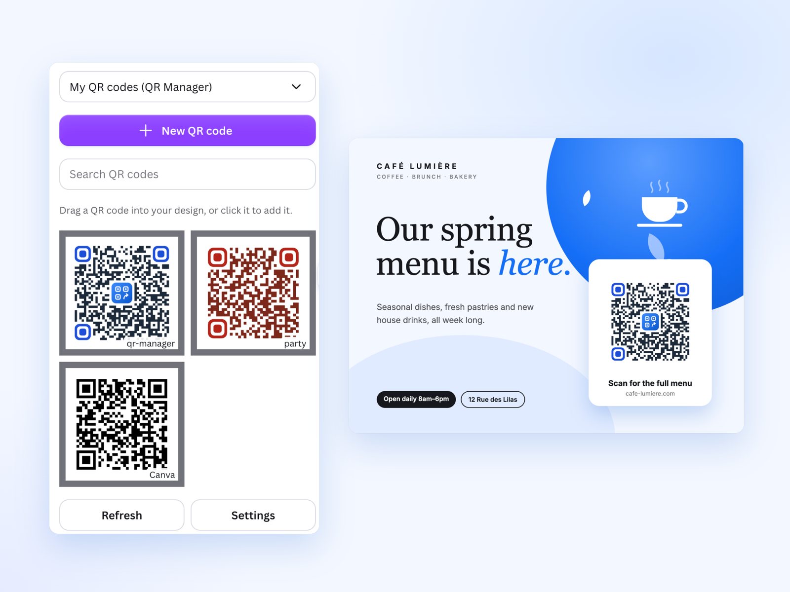L'app QR Manager dans Canva à côté d'un flyer de café avec un QR code.