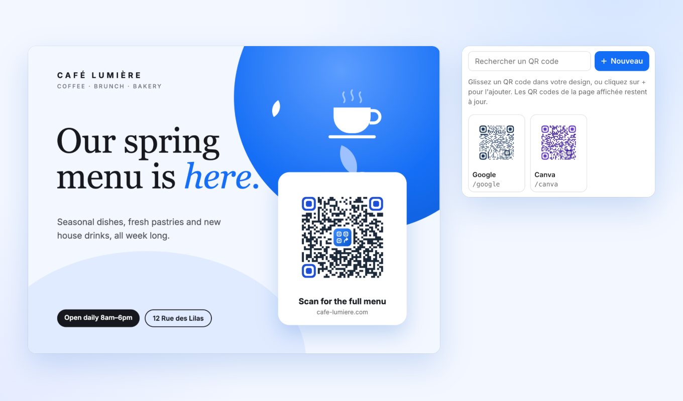 Le module QR Manager dans Adobe Express à côté d'une création avec un QR code.