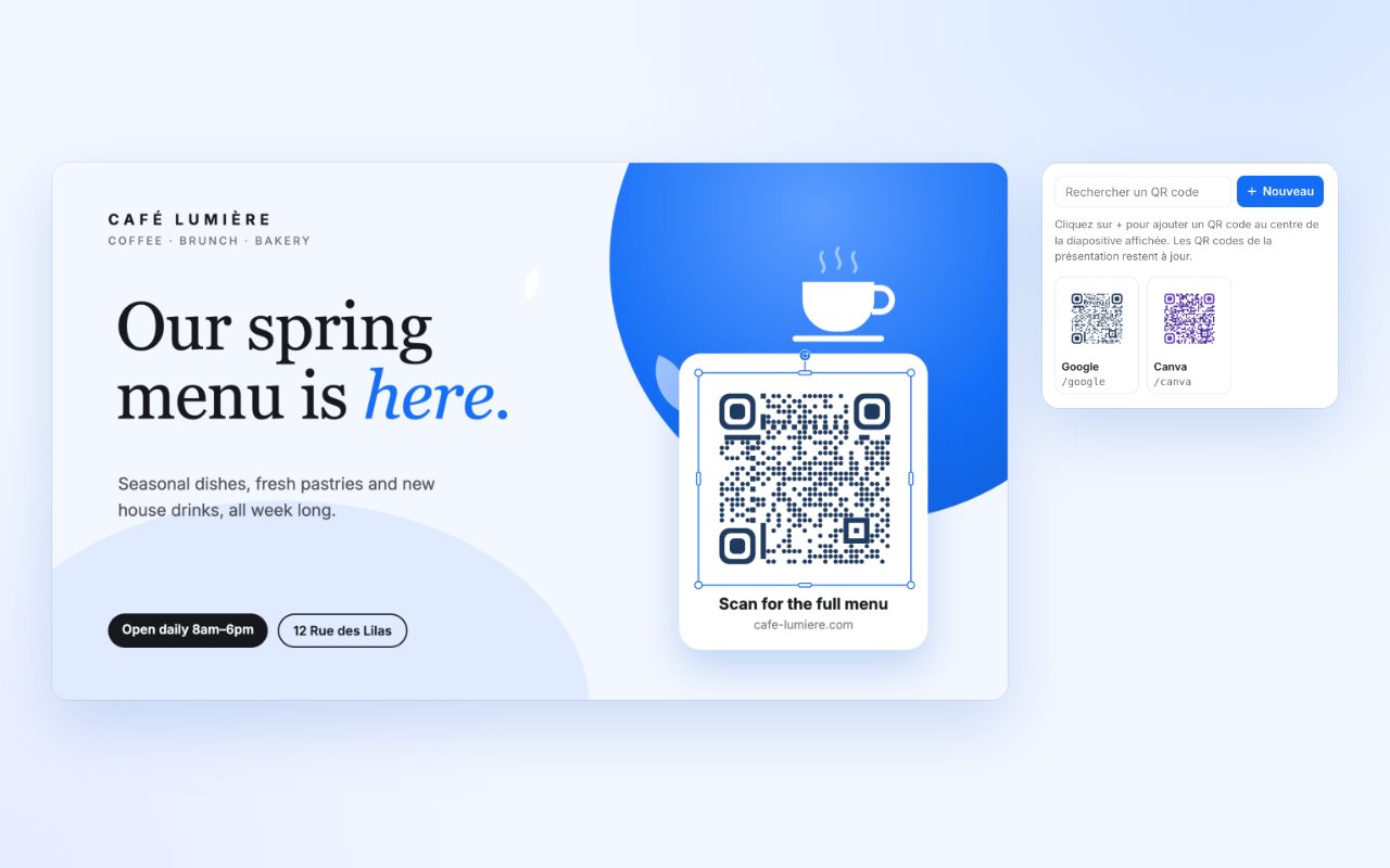 Une présentation Google Slides avec un QR code inséré, et la barre latérale QR Manager.