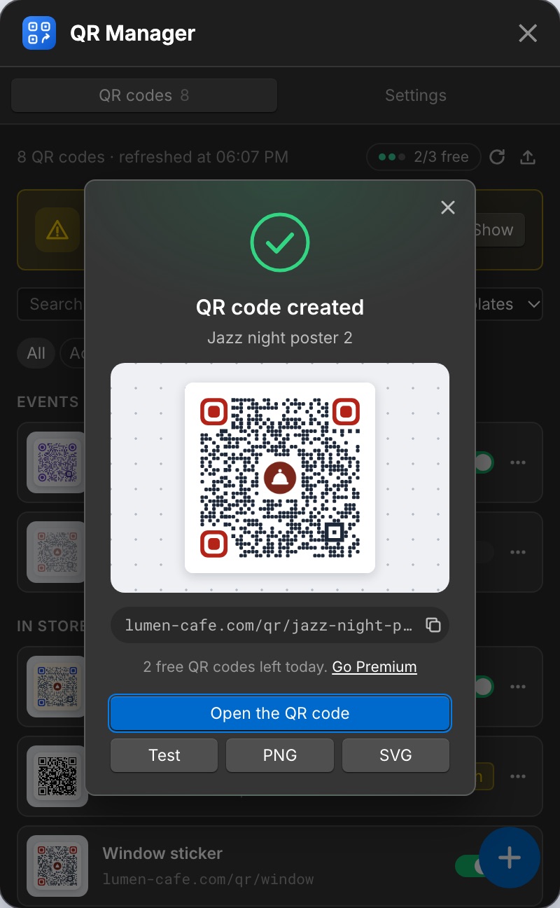The dialog shown after a QR code is created.