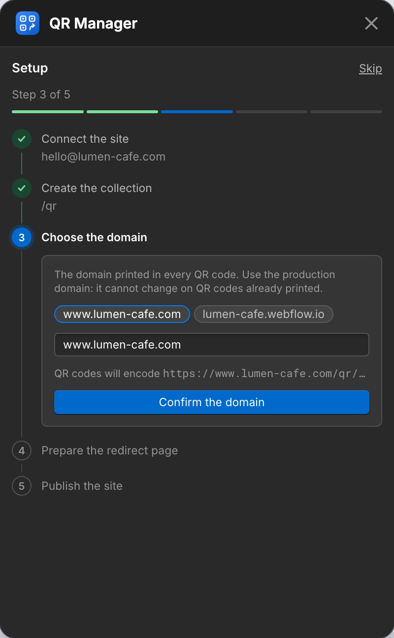 The setup assistant at step 3 of 5, choosing the domain.