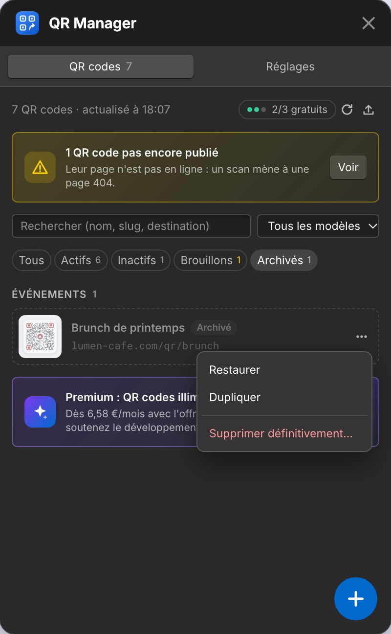 Un code archivé et son menu : Restaurer, Dupliquer, Supprimer définitivement.