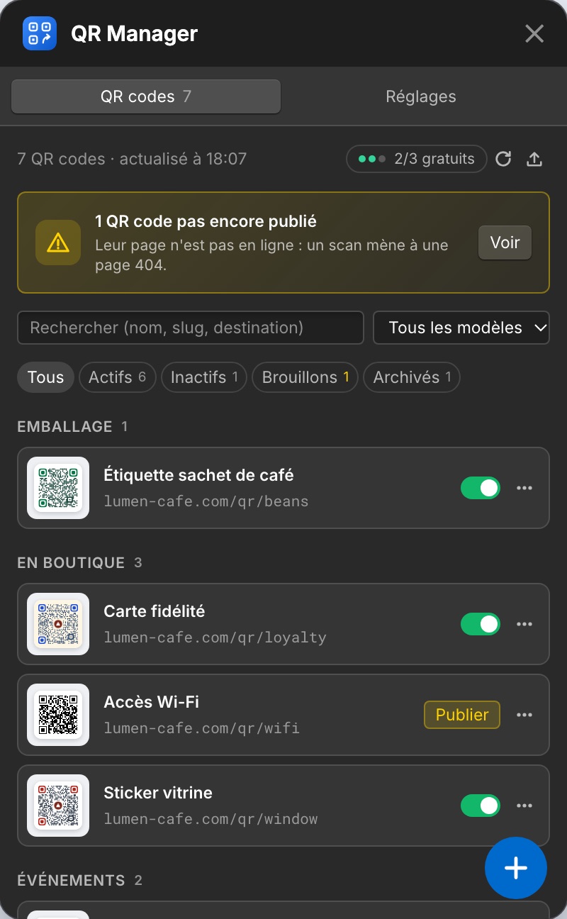 La liste des QR codes regroupés par catégorie, avec un code pas encore publié.