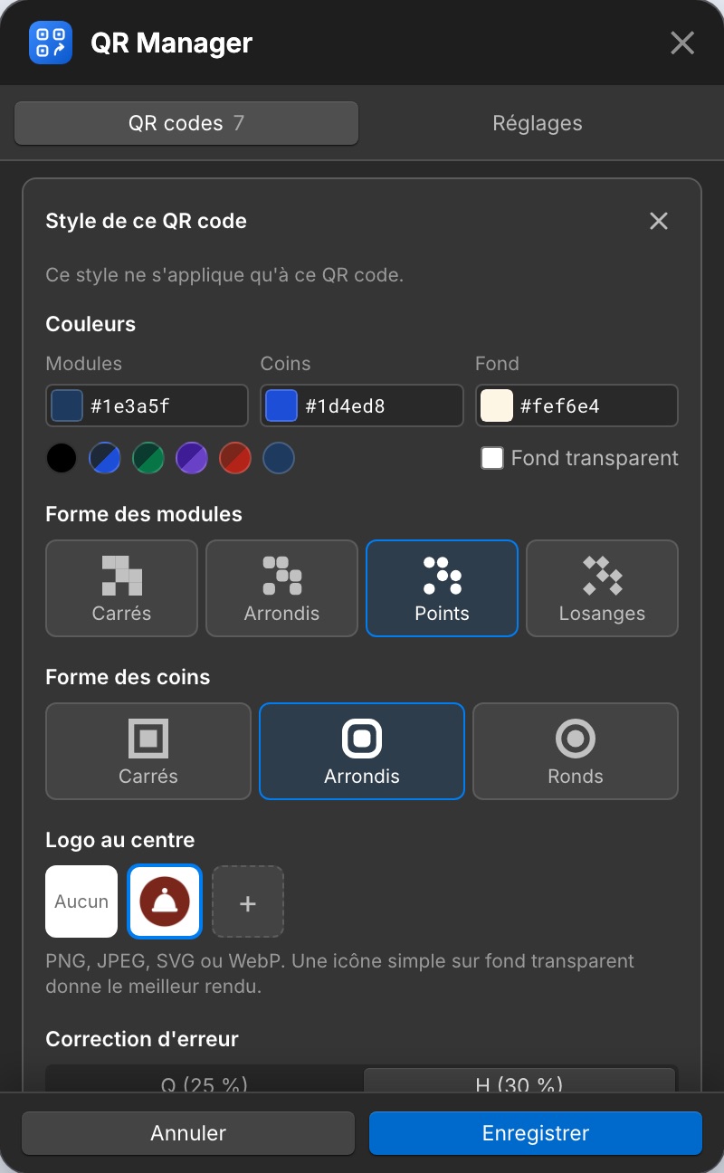 L'éditeur de style : couleurs, formes des modules et des coins, logo.