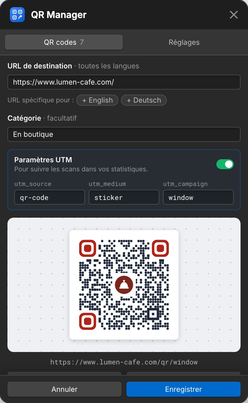 Les paramètres UTM d'un QR code.