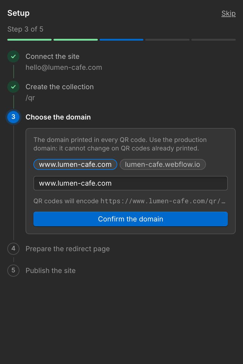 The setup assistant: the site is connected, the collection created, the domain being chosen.