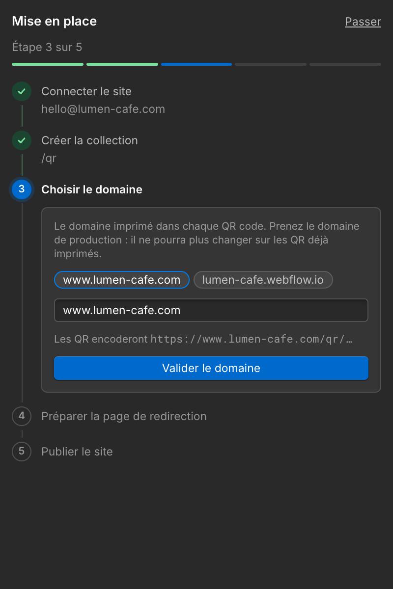 L'assistant de mise en place : site connecté, collection créée, choix du domaine.