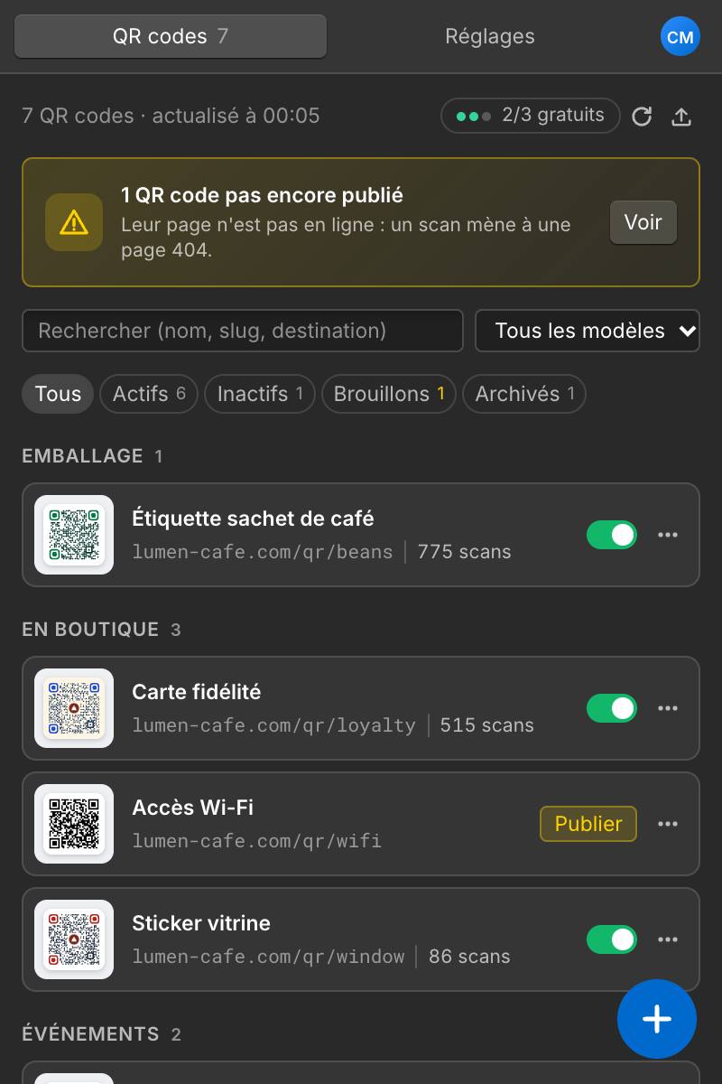Réglages : quatre modèles de QR code avec leur aperçu et le modèle par défaut.